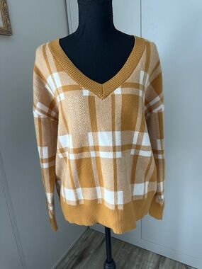 Christian Siriano Mustard and White Plaid V-Neck Sweater